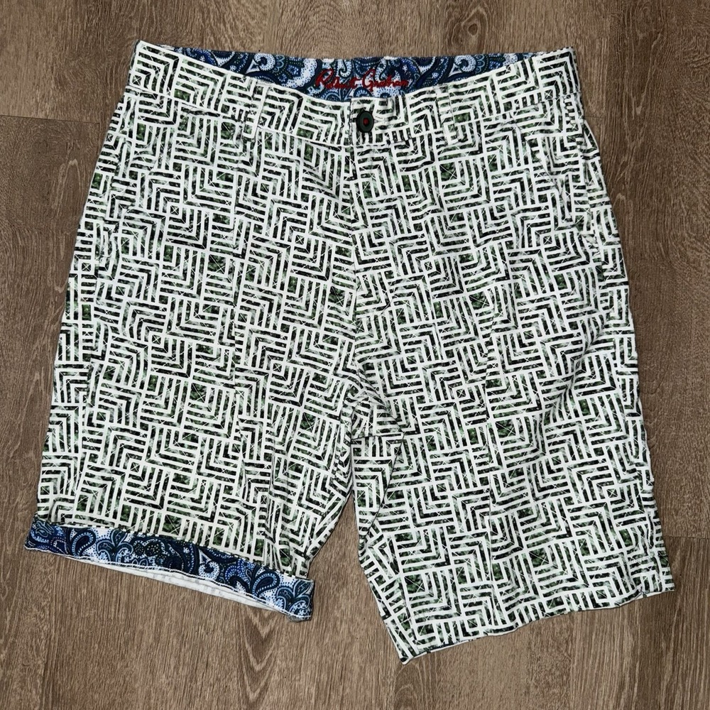 Robert Graham Ramie Stretch Chino Shorts Mens 32 Green White Geometric Flip Cuff - Picture 2 of 5